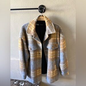 Zara Women's Plaid Teddy Jacket - Blue and Tan
